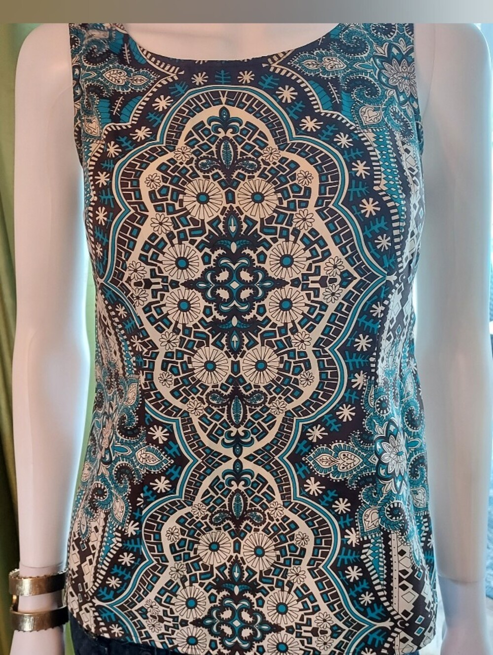 Ann Taylor Geometric Paisley Tank Top in Teal, Black & Cream w Side Zip. Sz. OP